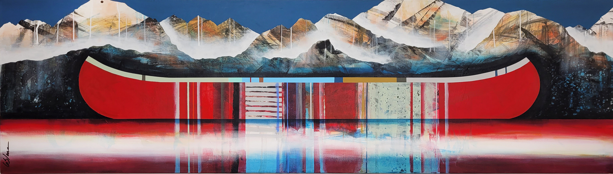 Un simple sourire, original mixed media canoe and mountain painting by Canadian artist Sylvain Leblanc at Effusion Art Gallery in Invermere, BC.