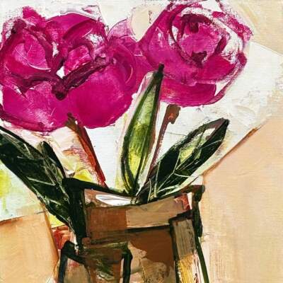 A Vibe, original acrylic pink peony painting by Canadian artist Katie Lois at Effusion Art Gallery in Invermere, BC.