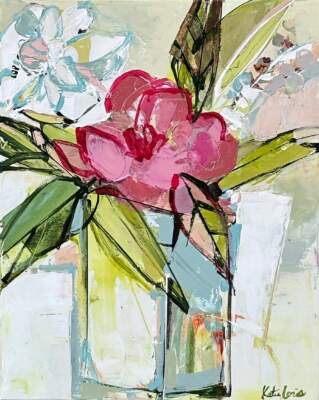 Adorned, original acrylic pink peony painting by Canadian artist Katie Lois at Effusion Art Gallery in Invermere, BC.