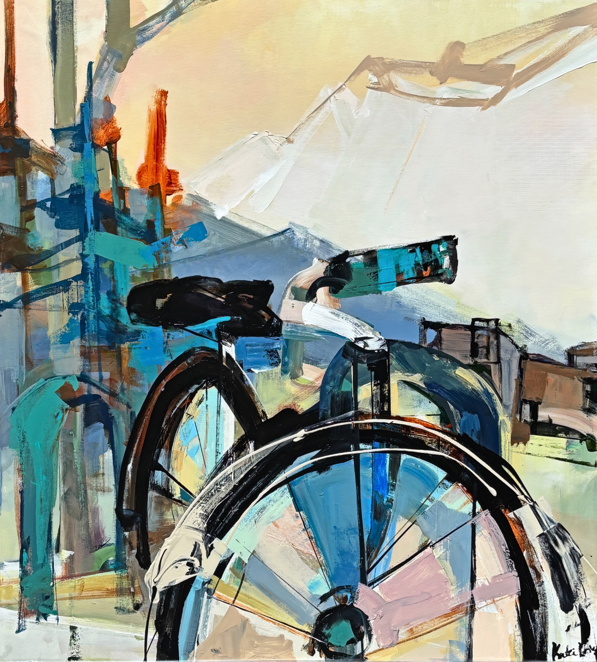 Tack-tacular, original acrylic bike painting by Canadian artist Katie Lois at Effusion Art Gallery in Invermere, BC.