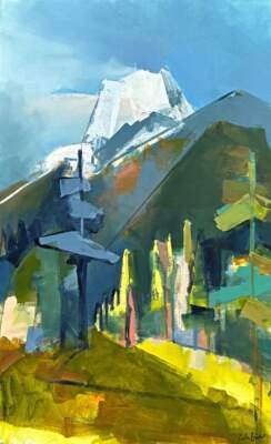 The Approach, original acrylic local mountain landscape painting of Mount Nelson by Canadian artist Katie Lois at Effusion Art Gallery in Invermere, BC.
