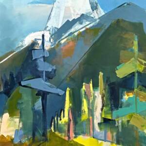 The Approach, original acrylic local mountain landscape painting of Mount Nelson by Canadian artist Katie Lois at Effusion Art Gallery in Invermere, BC.