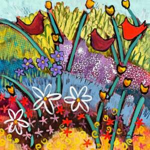 Cardinals Rule, original acrylic painting of whimsical red cardinal birds in a flower garden by Canadian artist Eleanor Lowden at Effusion Art Gallery in Invermere, BC