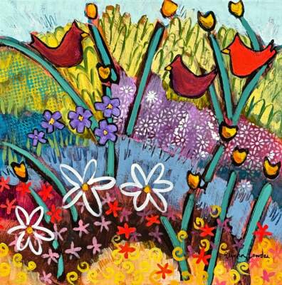 Cardinals Rule, original acrylic painting of whimsical red cardinal birds in a flower garden by Canadian artist Eleanor Lowden at Effusion Art Gallery in Invermere, BC