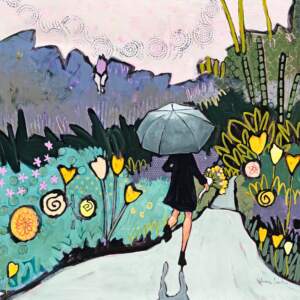 Picked Just for You, original acrylic painting a girl running up a path with a bouquet of flowers and an umbrella by Canadian artist Eleanor Lowden at Effusion Art Gallery in Invermere, BC