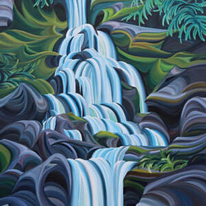 Glade Creek Falls, original acrylic waterfall landscape painting by Canadian artist Tess Paul at Effusion Art Gallery in Invermere, BC.