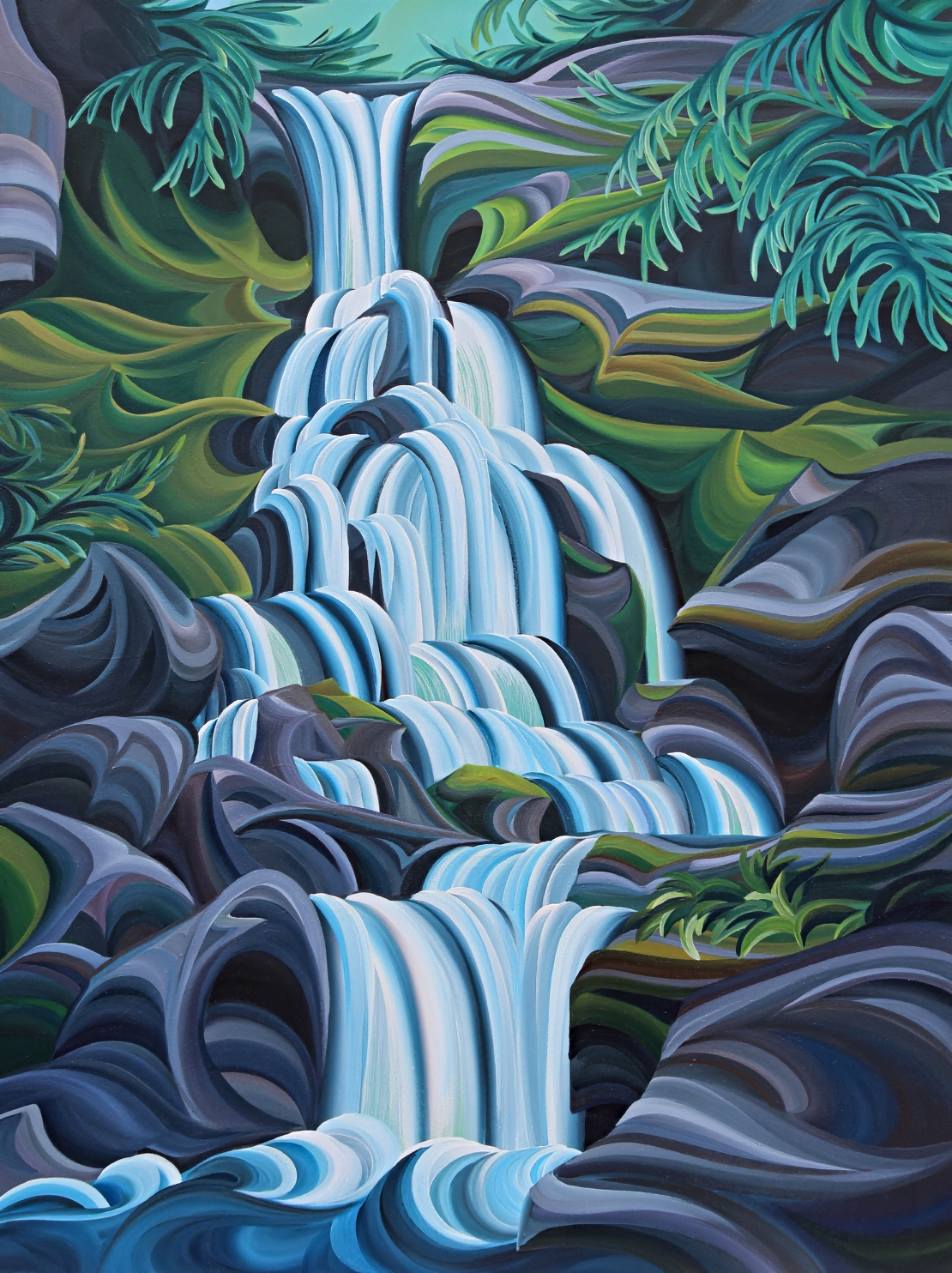 Glade Creek Falls, original acrylic waterfall landscape painting by Canadian artist Tess Paul at Effusion Art Gallery in Invermere, BC.