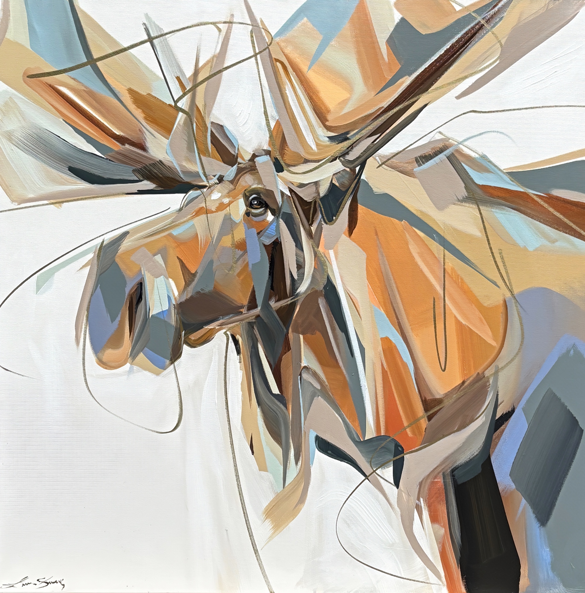 Archimedes, original acrylic moose painting by Canadian artist Laura Stevens at Effusion Art Gallery in Invermere, BC.