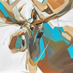 Saturday, original acrylic moose painting by Canadian artist Laura Stevens at Effusion Art Gallery in Invermere, BC.