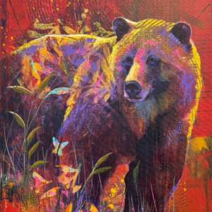 Butterfly Effect, original acrylic bear painting by Canadian artist John Webster at Effusion Art Gallery in Invermere, BC.