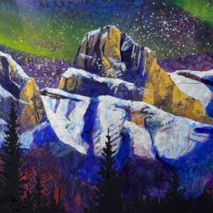 Sisters Under the Northern Lights, original acrylic painting of the Three Sisters mountains under the Northern lights by Canadian artist John Webster at Effusion Art Gallery in Invermere, BC.