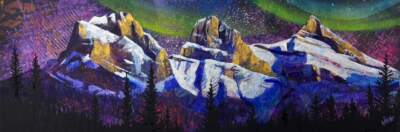 Sisters Under the Northern Lights, original acrylic painting of the Three Sisters mountains under the Northern lights by Canadian artist John Webster at Effusion Art Gallery in Invermere, BC.