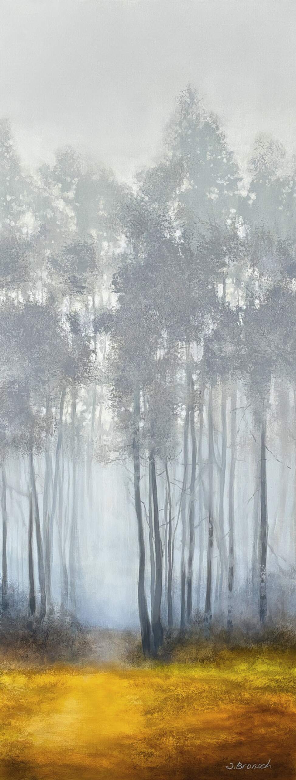 Led Away, original acrylic misty tree landscape by Canadian artist Jane Bronsch at Effusion Art Gallery in Invermere, BC.