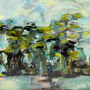 Lost in the Woods, original oil tree landscape painting by Canadian artist Denna Erickson at Effusion Art Gallery in Invermere, BC.