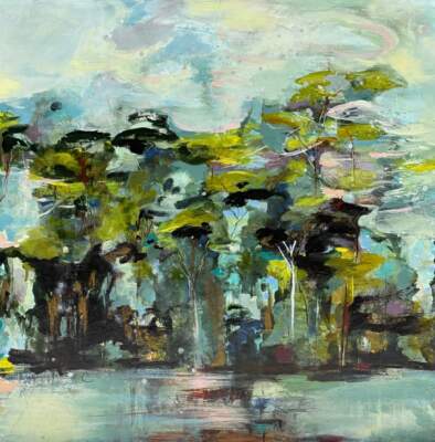 Lost in the Woods, original oil tree landscape painting by Canadian artist Denna Erickson at Effusion Art Gallery in Invermere, BC.