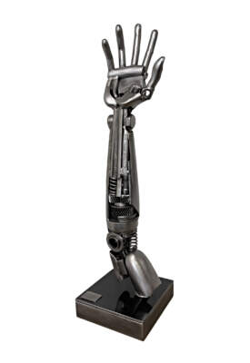 Diamond, original metal robot-inspired arm and hand sculpture by Canadian artist Cory Fuhr at Effusion Art Gallery in Invermere, BC.