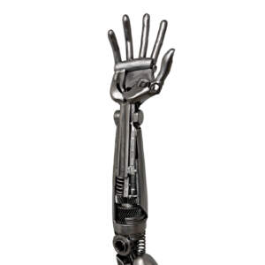 Diamond, original metal robot-inspired arm and hand sculpture by Canadian artist Cory Fuhr at Effusion Art Gallery in Invermere, BC.