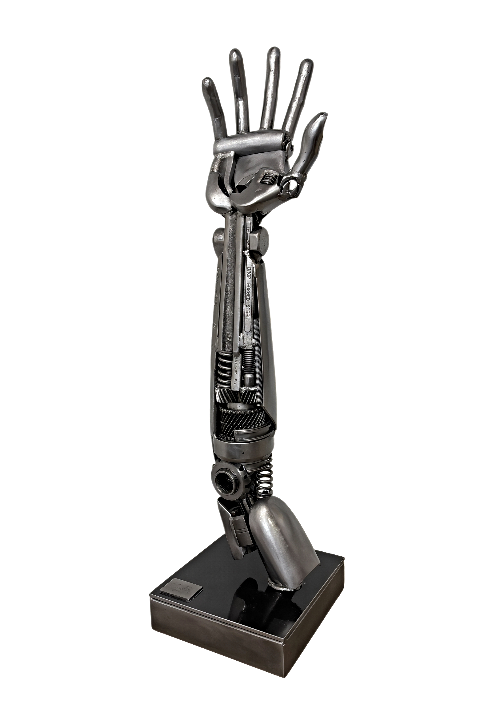 Diamond, original metal robot-inspired arm and hand sculpture by Canadian artist Cory Fuhr at Effusion Art Gallery in Invermere, BC.