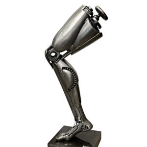 Hermes, original metal robot-inspired leg and foot sculpture by Canadian artist Cory Fuhr at Effusion Art Gallery in Invermere, BC.