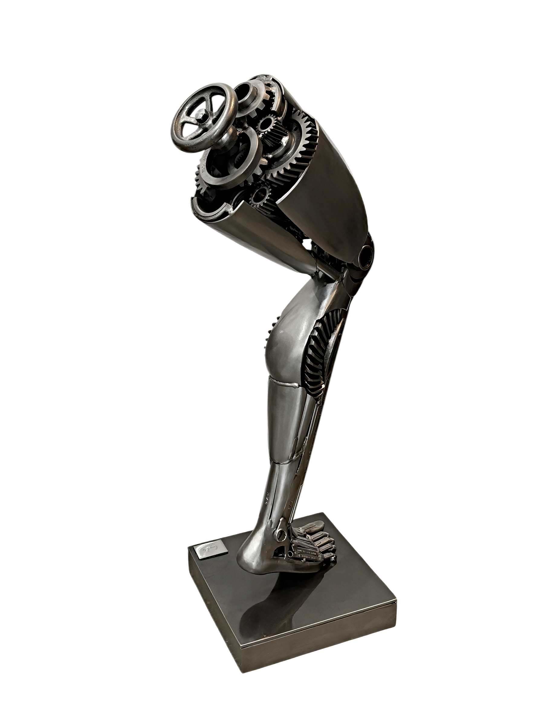Hermes, original metal robot-inspired leg and foot sculpture by Canadian artist Cory Fuhr at Effusion Art Gallery in Invermere, BC.