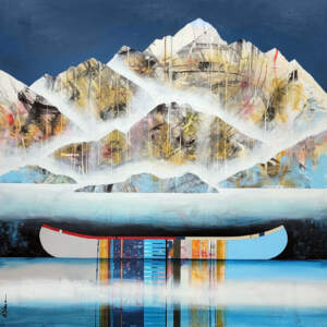 Donne moi ta main, original mixed media canoe and mountain painting by Canadian artist Sylvain Leblanc at Effusion Art Gallery in Invermere, BC.