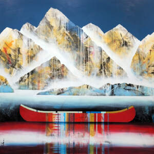 Encore quelques minutes, original mixed media red canoe and mountain painting by Canadian artist Sylvain Leblanc at Effusion Art Gallery in Invermere, BC.