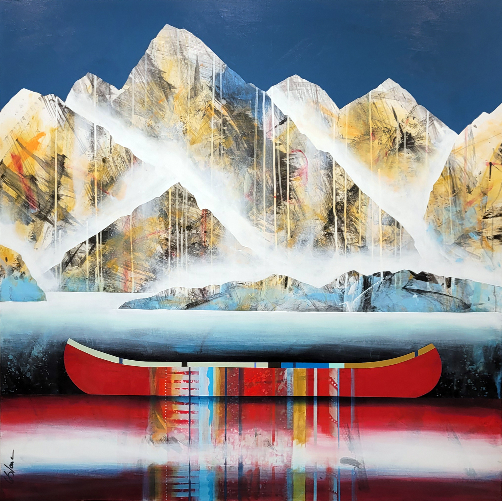 Encore quelques minutes, original mixed media red canoe and mountain painting by Canadian artist Sylvain Leblanc at Effusion Art Gallery in Invermere, BC.