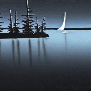 Night Mode, original mixed media painting of a quiet sailboat at night by Canadian artist Cody Pendleton at Effusion Art Gallery in Invermere, BC.