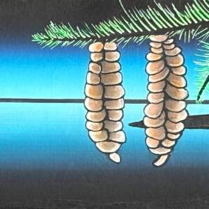 Recreation Destination, original mixed media painting of a quiet lake and pinecones at night by Canadian artist Cody Pendleton at Effusion Art Gallery in Invermere, BC.