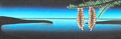 Recreation Destination, original mixed media painting of a quiet lake and pinecones at night by Canadian artist Cody Pendleton at Effusion Art Gallery in Invermere, BC.