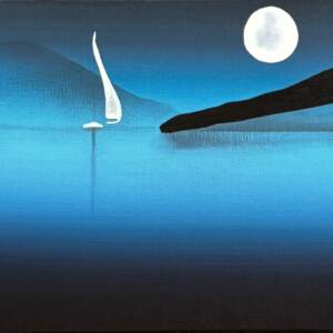 Sea and Sky, original mixed media painting of a quiet sailboat at night by Canadian artist Cody Pendleton at Effusion Art Gallery in Invermere, BC.