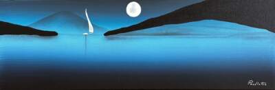 Sea and Sky, original mixed media painting of a quiet sailboat at night by Canadian artist Cody Pendleton at Effusion Art Gallery in Invermere, BC.