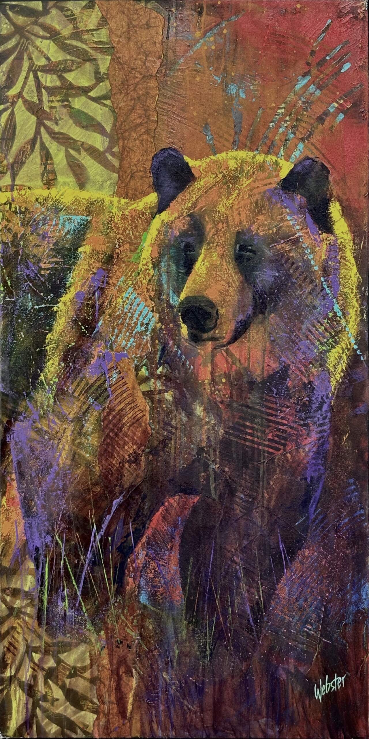 Kootenay Tapestry, original acrylic bear painting by Canadian artist John Webster at Effusion Art Gallery in Invermere, BC.
