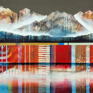Je me suis mis beau, original mixed media canoe painting by Canadian artist Sylvain Leblanc at Effusion Art Gallery in Invermere, BC.