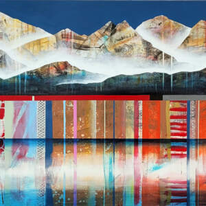 Tu me fais rire, original mixed media canoe painting by Canadian artist Sylvain Leblanc at Effusion Art Gallery in Invermere, BC.