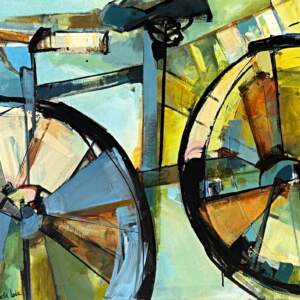 Anyway Bike, original acrylic bike painting by Canadian artist Katie Lois at Effusion Art Gallery in Invermere, BC.
