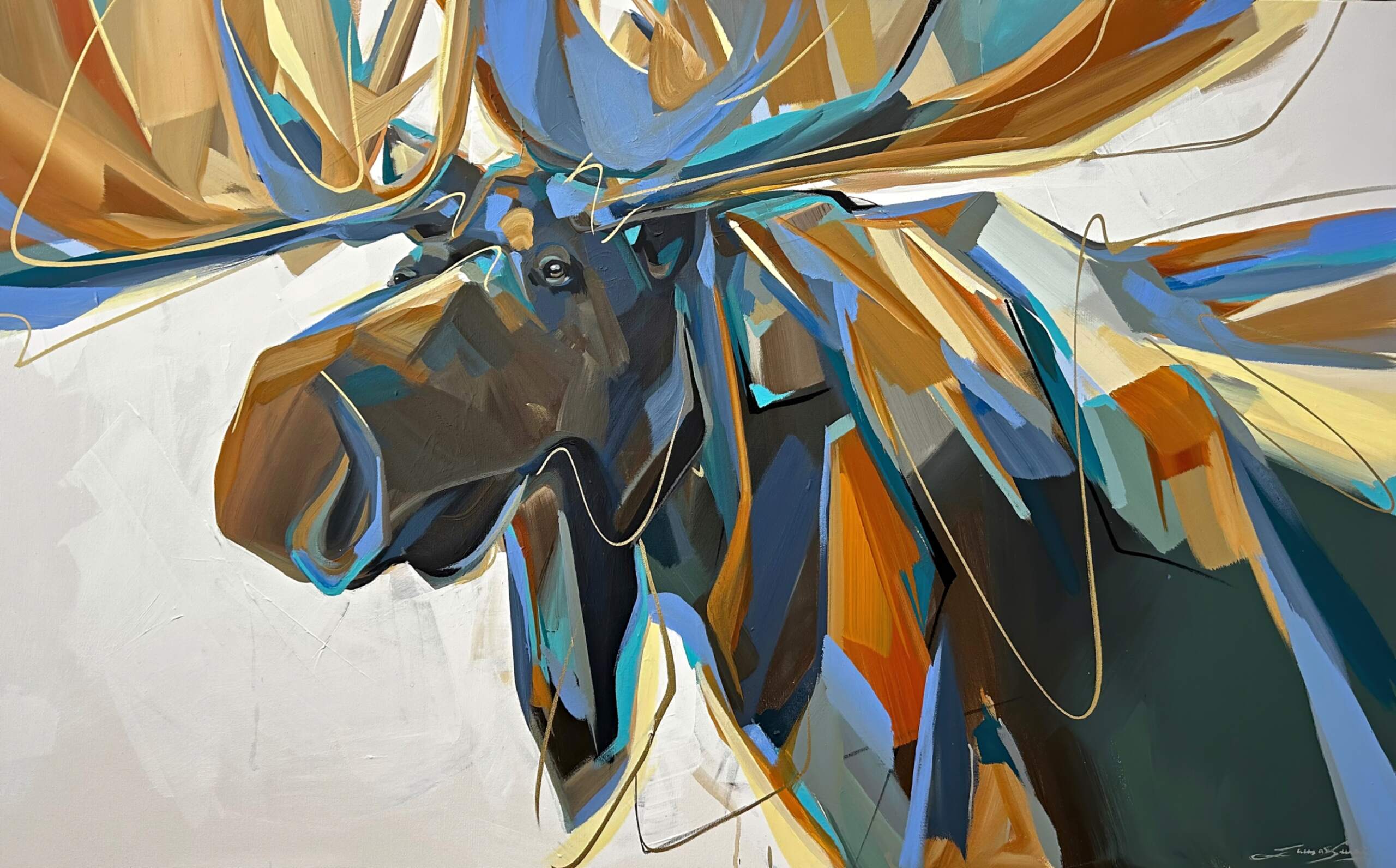 Bluebell, original acrylic moose painting by Canadian artist Laura Stevens at Effusion Art Gallery in Invermere, BC.