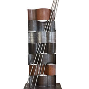 Light Waves, original reclaimed steel sculpture inspired by light filtering through gently lapping waves by Canadian metal artist Wendy Stone at Effusion Art Gallery in Invermere, BC. Can be installed indoors or outdoors.