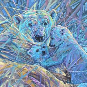 A Mother's Patience, original acrylic painting of a mama polar bear and her two rambunctious cubs by Canadian artist Keith Dalgleish at Effusion Art Gallery in Invermere, BC.