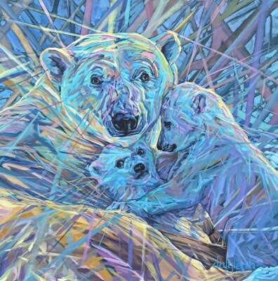 A Mother's Patience, original acrylic painting of a mama polar bear and her two rambunctious cubs by Canadian artist Keith Dalgleish at Effusion Art Gallery in Invermere, BC.