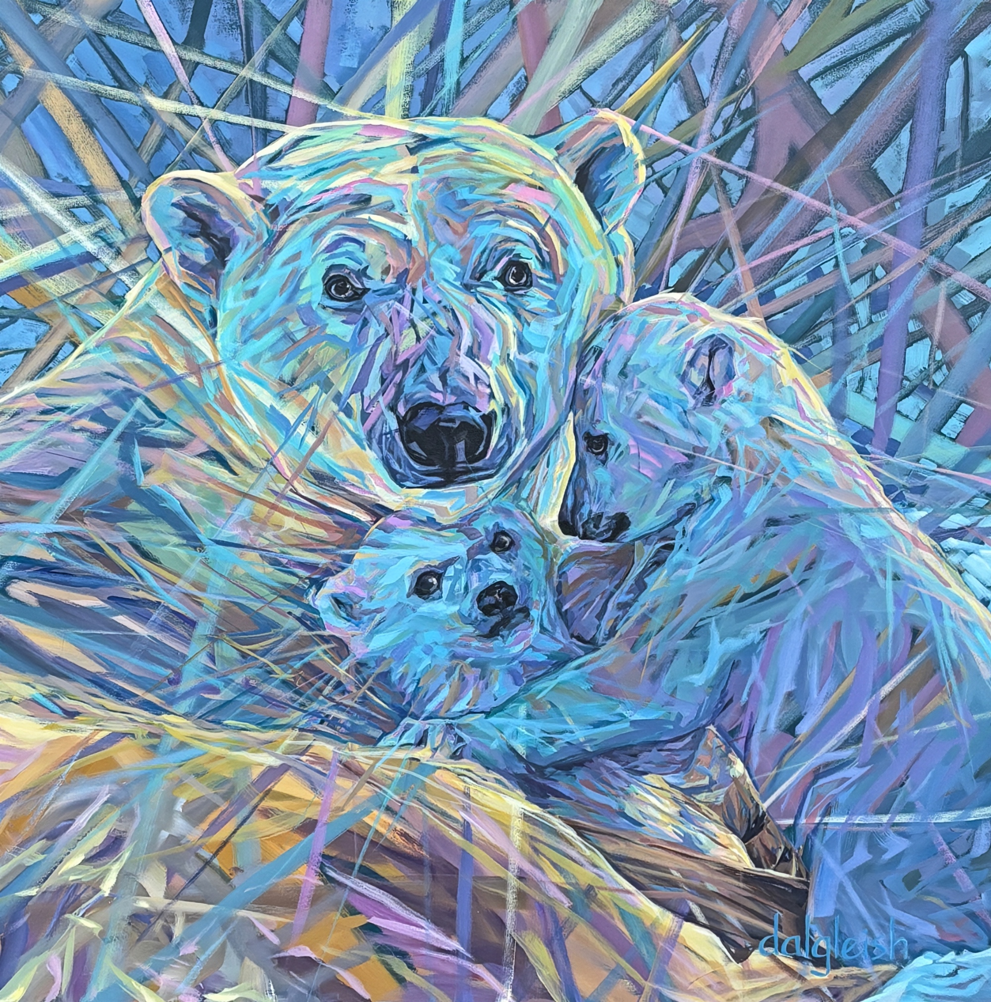 A Mother's Patience, original acrylic painting of a mama polar bear and her two rambunctious cubs by Canadian artist Keith Dalgleish at Effusion Art Gallery in Invermere, BC.