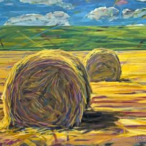 Harvest Time, original acrylic painting of hay bales in a late summer prairie landscape by Canadian artist Keith Dalgleish at Effusion Art Gallery in Invermere, BC.