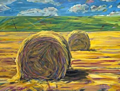 Harvest Time, original acrylic painting of hay bales in a late summer prairie landscape by Canadian artist Keith Dalgleish at Effusion Art Gallery in Invermere, BC.
