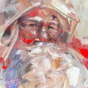 Contemplate, original acrylic vintage Santa painting by Canadian artist Laura Stevens at Effusion Art Gallery in Invermere, BC.