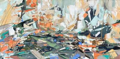 In the Clear, original acrylic abstract landscape painting by Canadian artist Laura Stevens at Effusion Art Gallery in Invermere, BC.