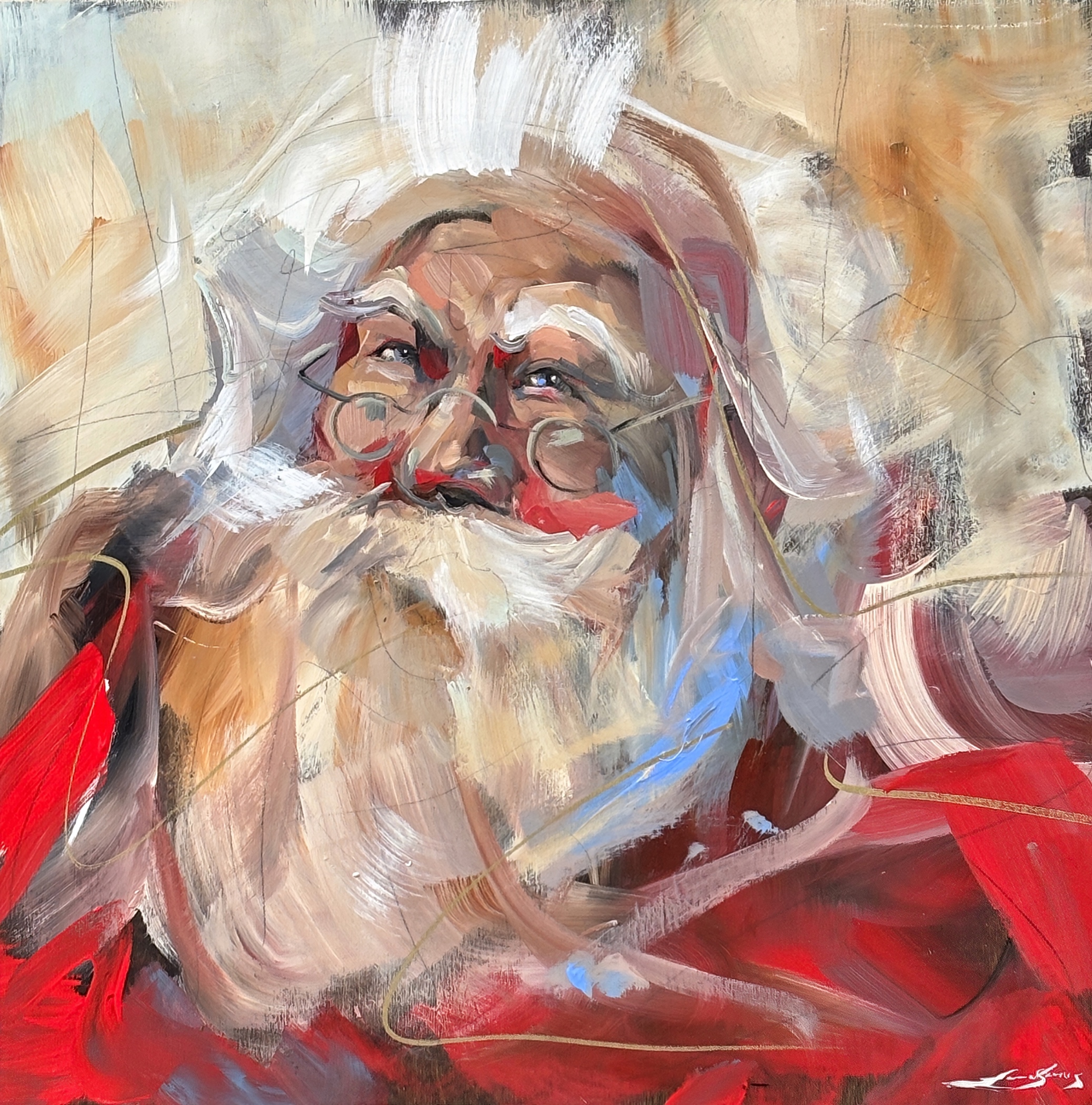 Lean Your Ear, original acrylic vintage Santa painting by Canadian artist Laura Stevens at Effusion Art Gallery in Invermere, BC.