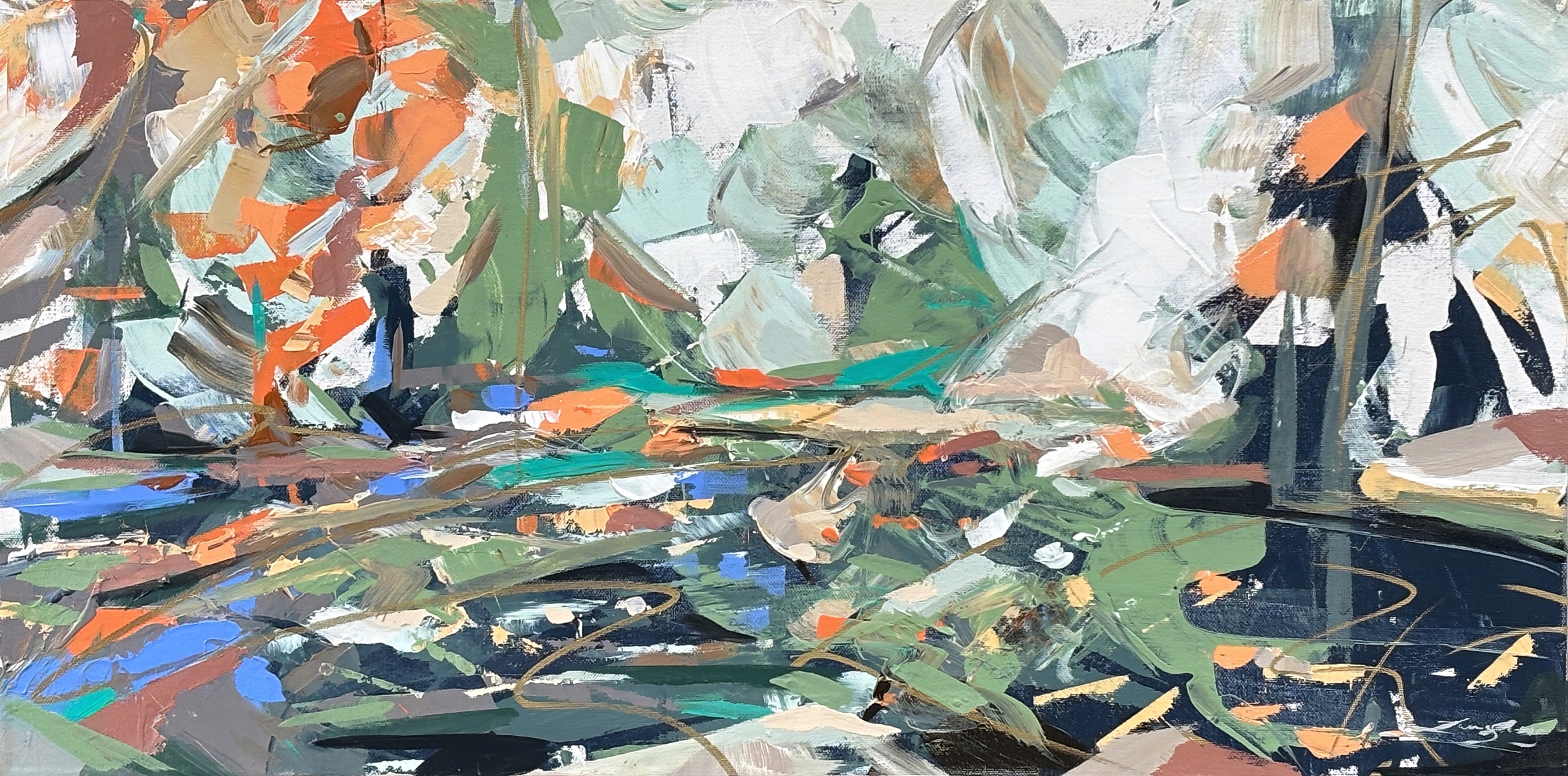 Memory Lane, original acrylic abstract landscape painting by Canadian artist Laura Stevens at Effusion Art Gallery in Invermere, BC.