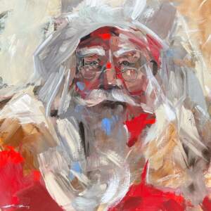 Sweet Chariot, original acrylic vintage Santa painting by Canadian artist Laura Stevens at Effusion Art Gallery in Invermere, BC.