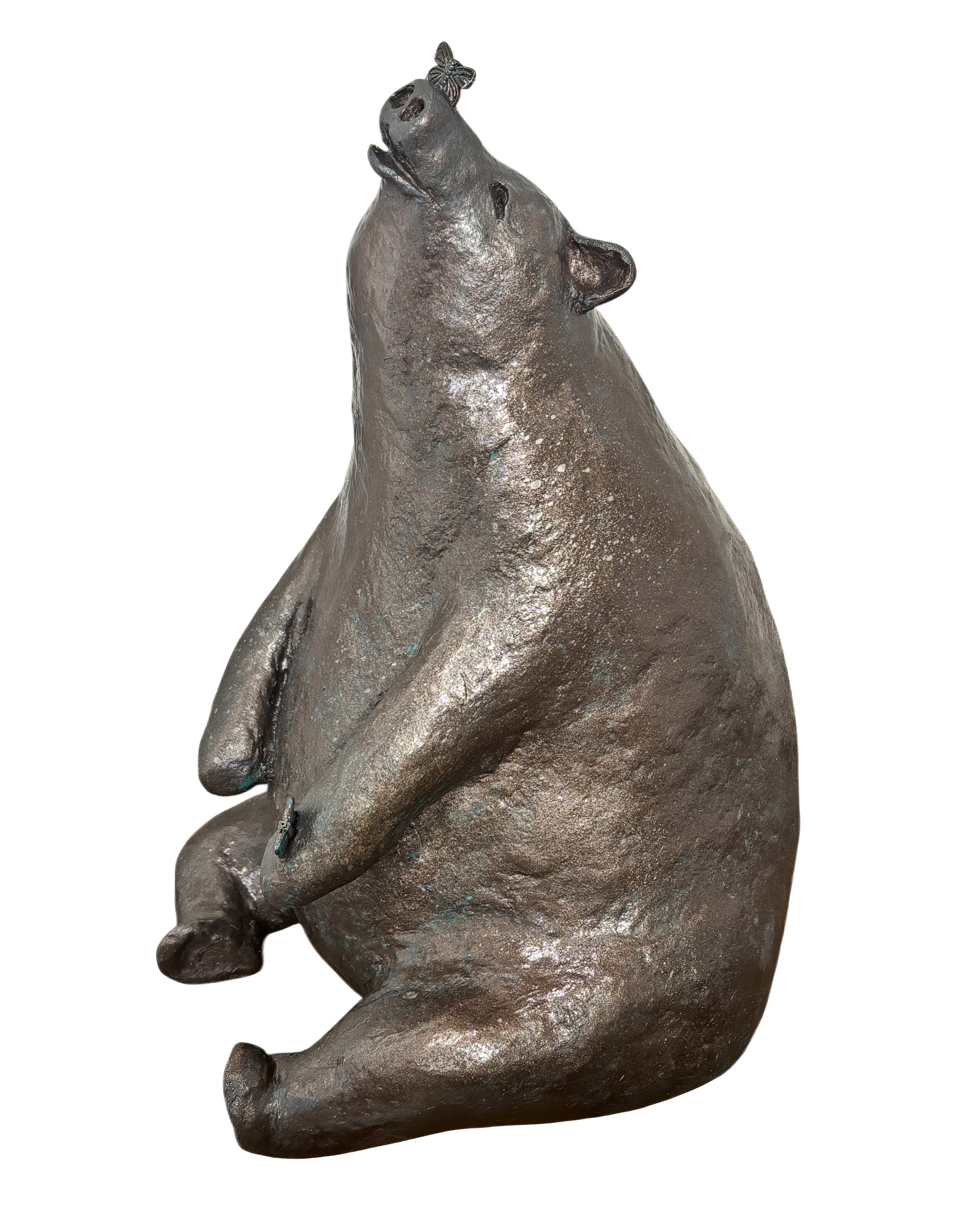 Butterfly Lover (large), original mixed media sculpture of a cute bear with a butterfly on its nose by Canadian artist Karin Taylor at Effusion Art Gallery in Invermere, BC.