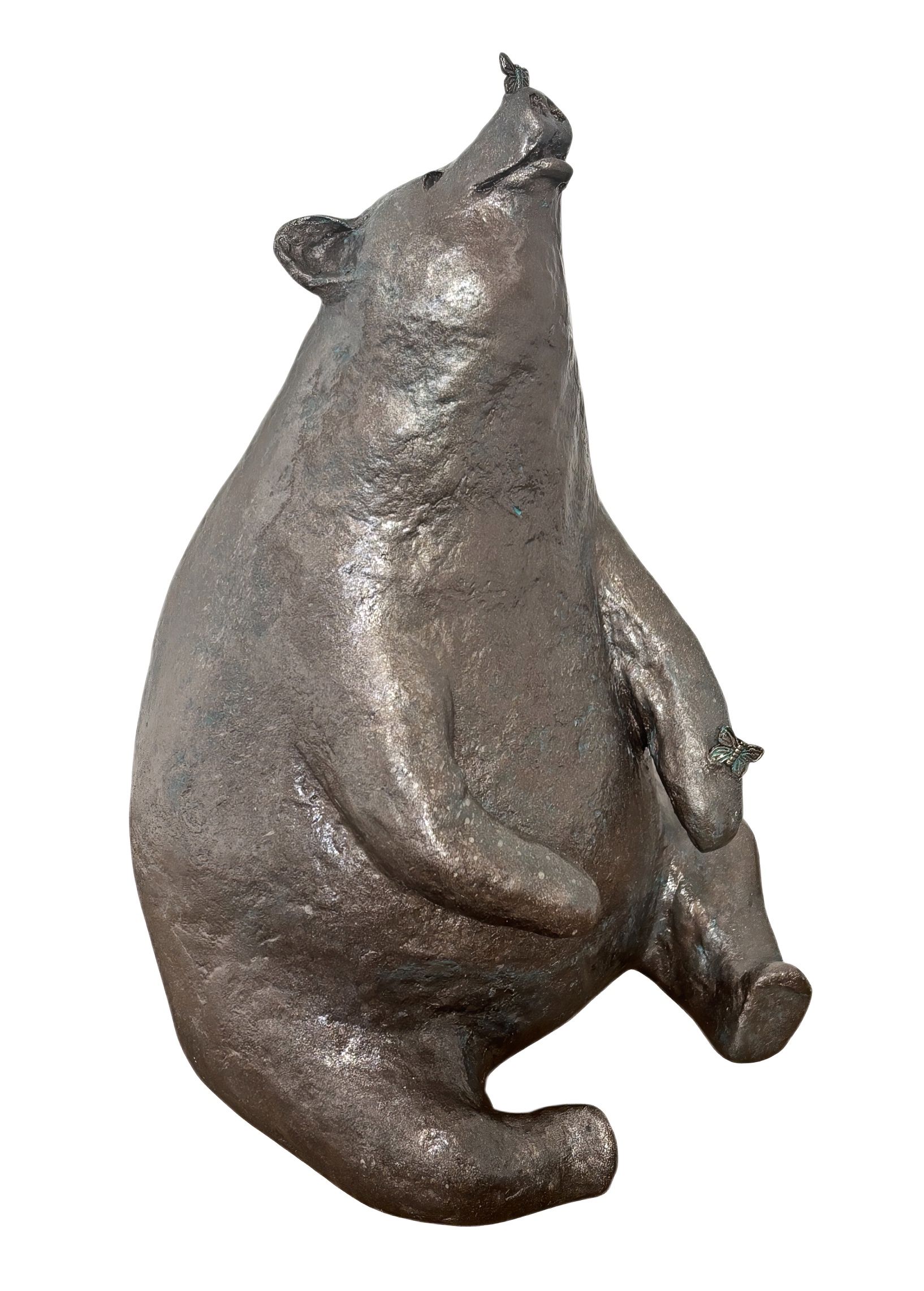 Butterfly Lover (large), original mixed media sculpture of a cute bear with a butterfly on its nose by Canadian artist Karin Taylor at Effusion Art Gallery in Invermere, BC.